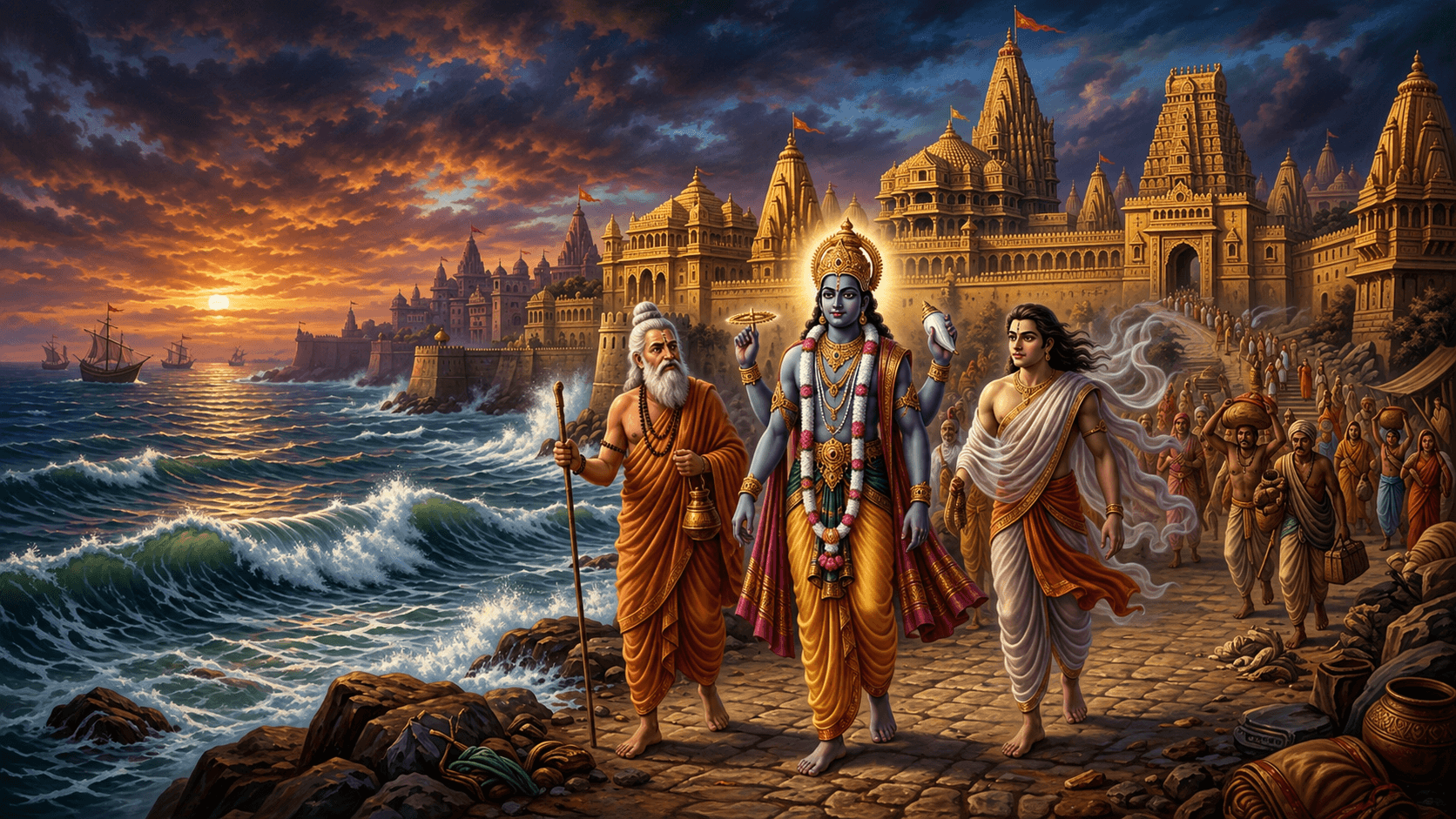 Artistic depiction of ancient Dwaraka during its submergence with Uddhava, Brihaspati and Vayu rescuing the sacred Vishnu idol