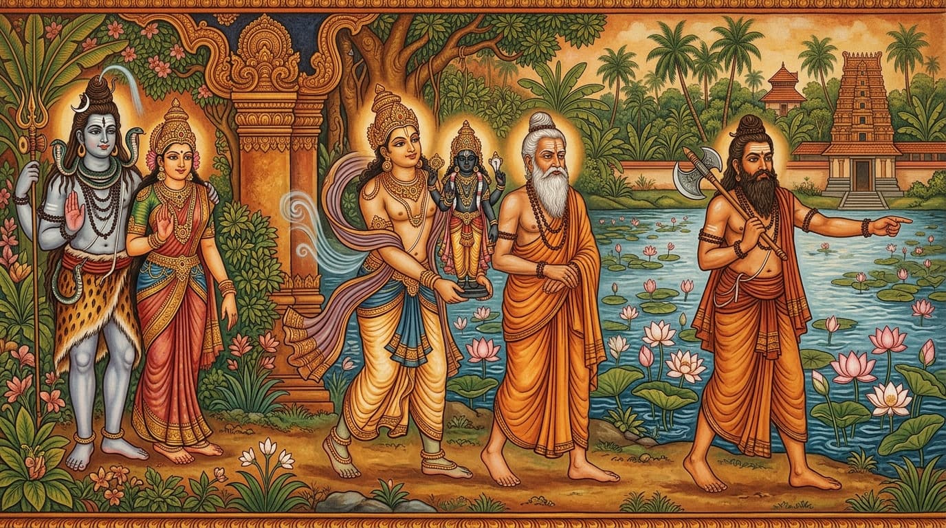 Kerala mural depiction of Guru, Vayu, Parashurama, and Lord Shiva