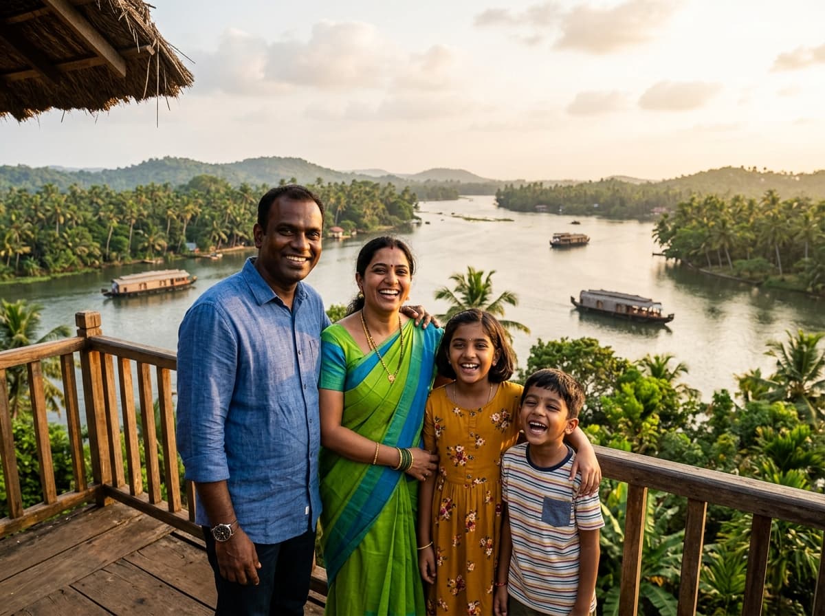 Family enjoying a peaceful vacation in Kerala
